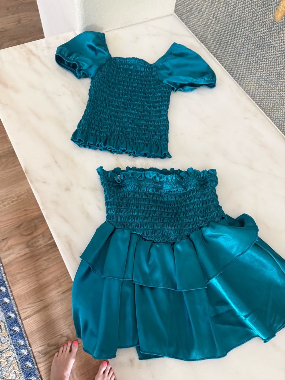 Girls Teal Satin Smocked Two-Piece Matching Set - Brand